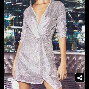 Silver Sequin Twist Front Bodycon Dress